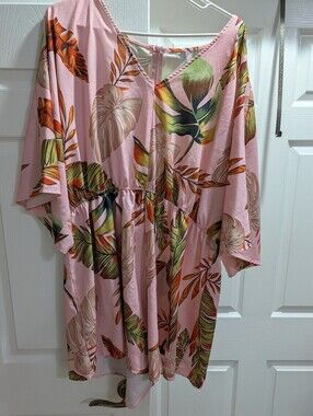 SHEIN Pink Tropical Leaf Midi Romper